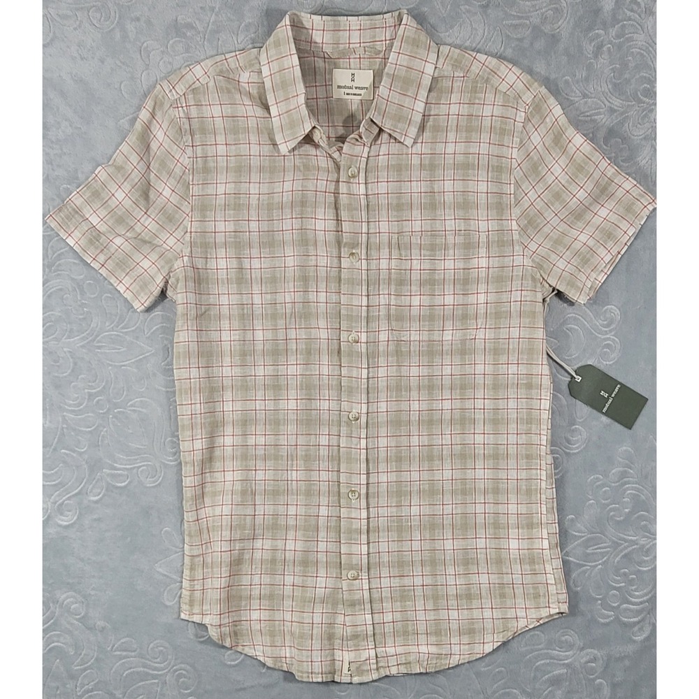 Mutual Weave Men's‎ Linen Ivory Melon Plaid Short Sleeve Button Up Shirt Size S